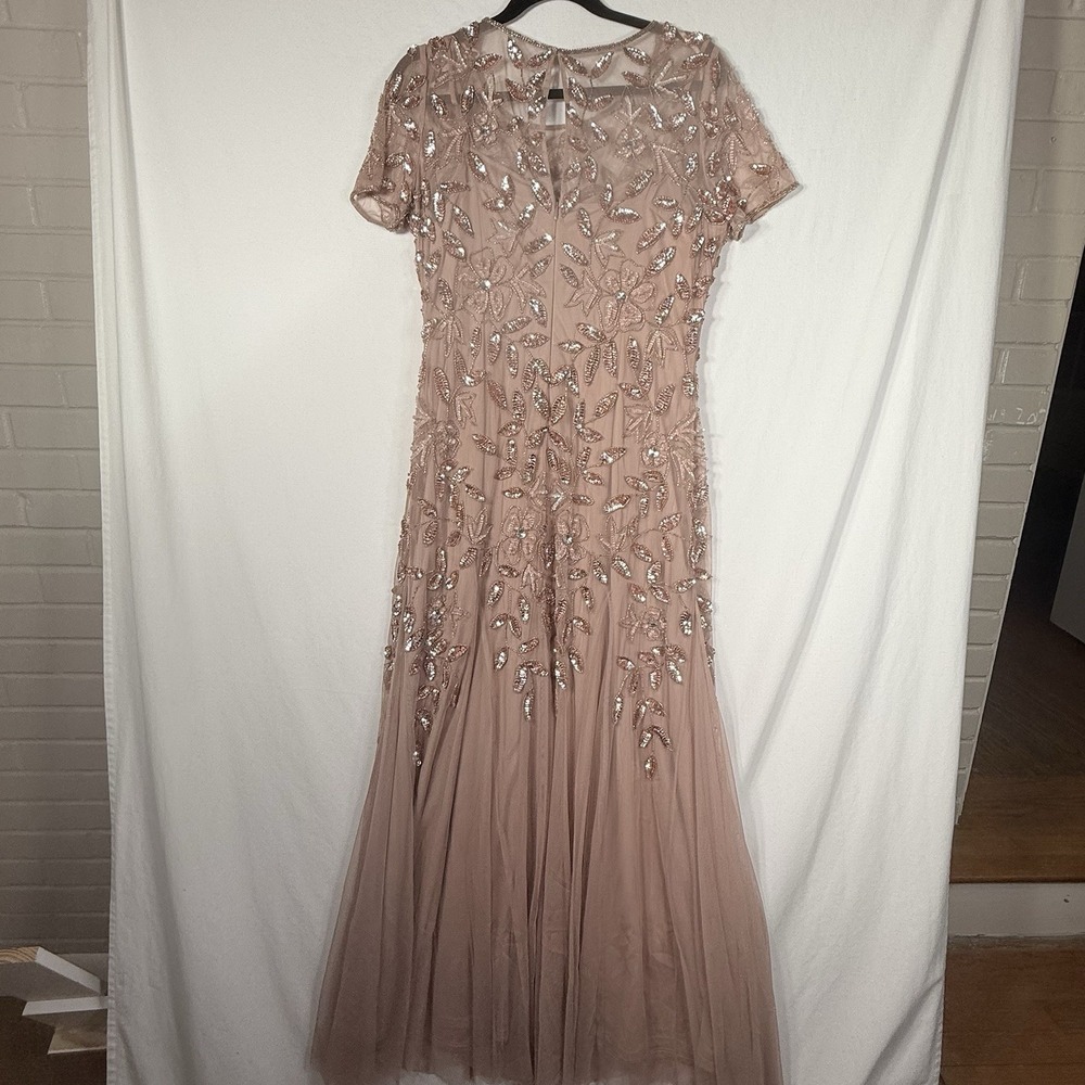 Adrianna Papell Gown Dress Beaded Floral Godet  Womens Mermaid Tulle Sequin